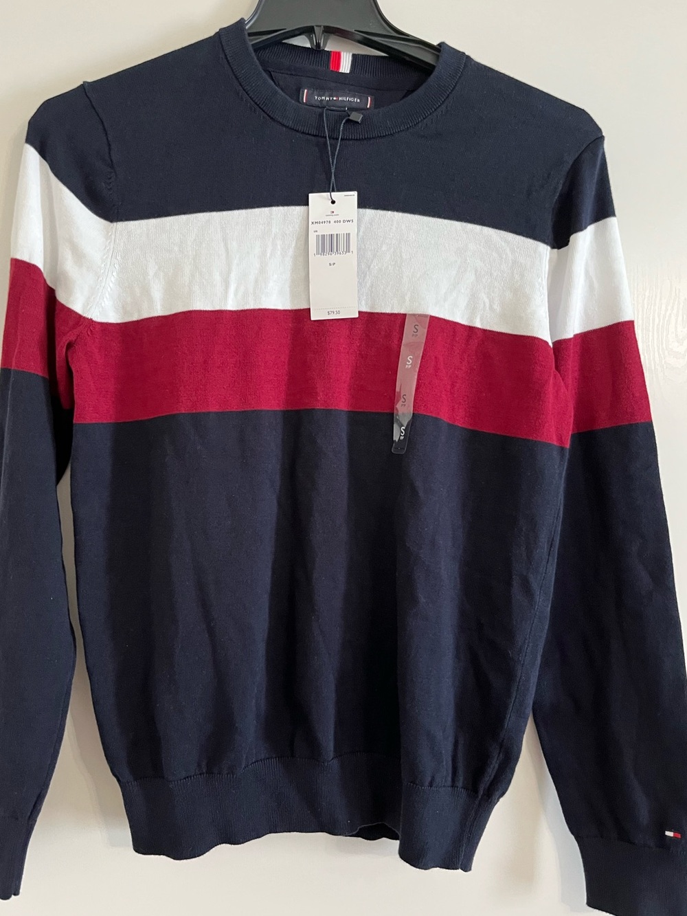 Tommy Hilfiger Navy, White & Red Striped Crewneck Sweater